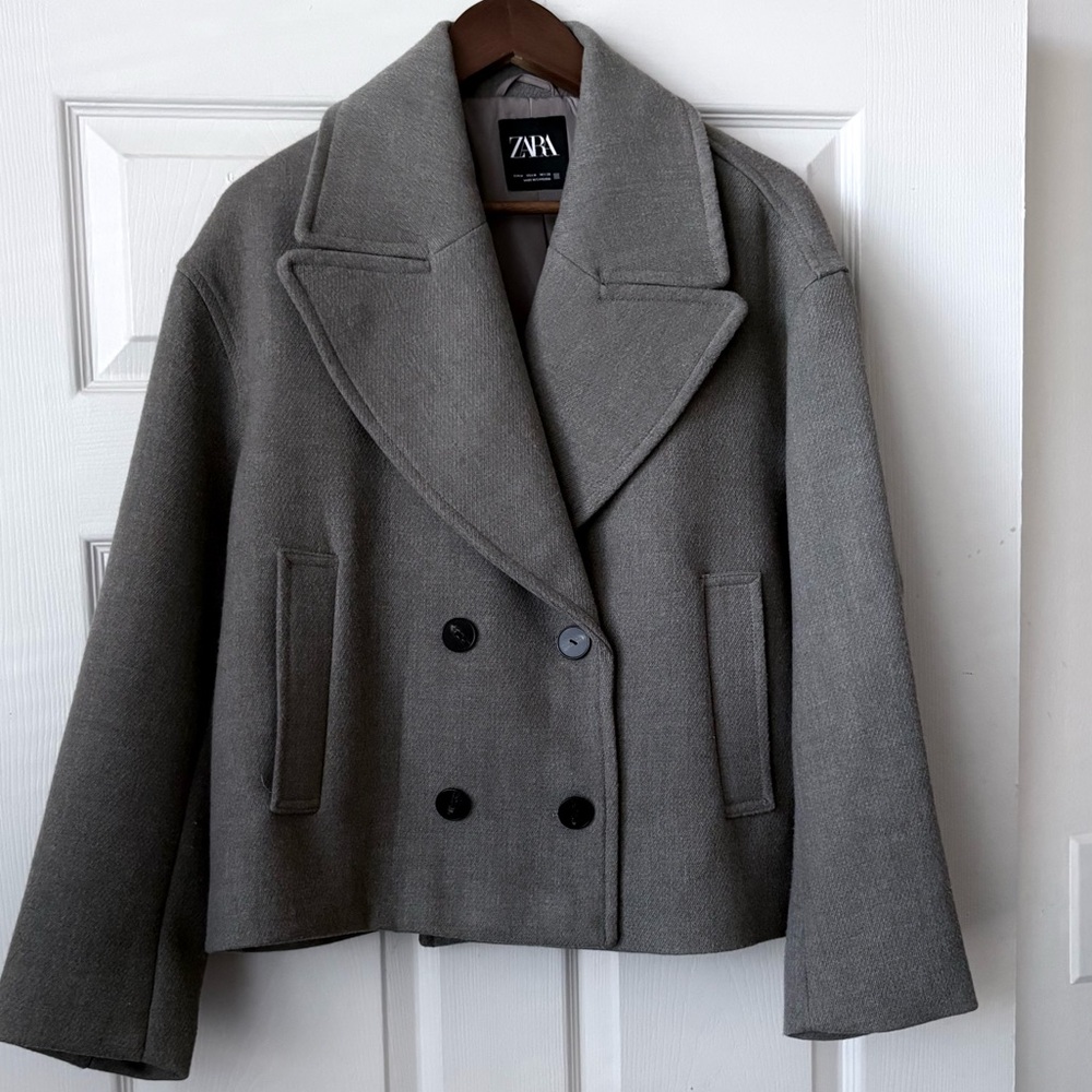 Zara Olive-Gray Double-Breasted Cropped Peacoat